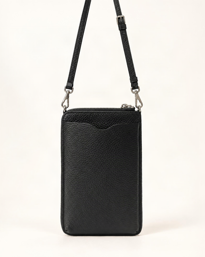 Cowhide Leather Micro Crossbody Phone Bag — straight-on front view on a warm white background