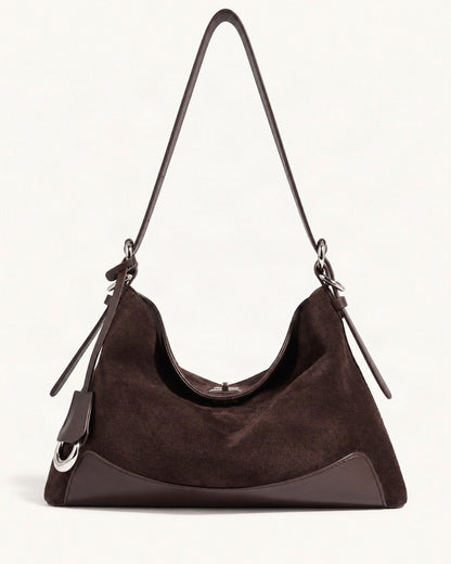 Split Suede Shoulder Tote Bag — straight-on front view on a warm white background