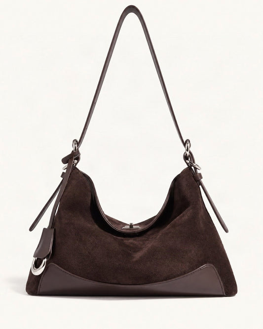 Split Suede Shoulder Tote Bag — straight-on front view on a warm white background