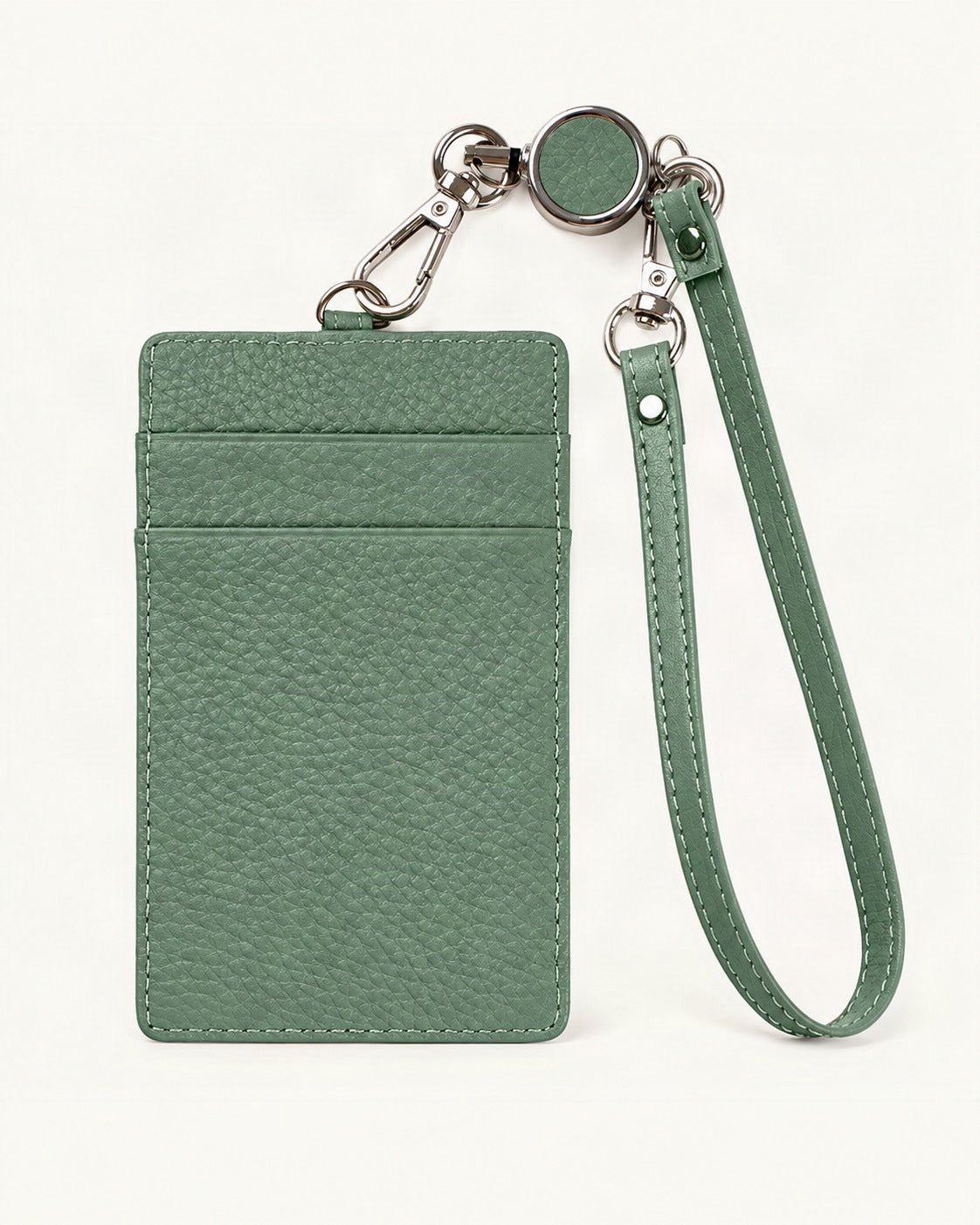 Leather Slim ID Badge Holder with Reel & Strap — straight-on front view on a warm white background