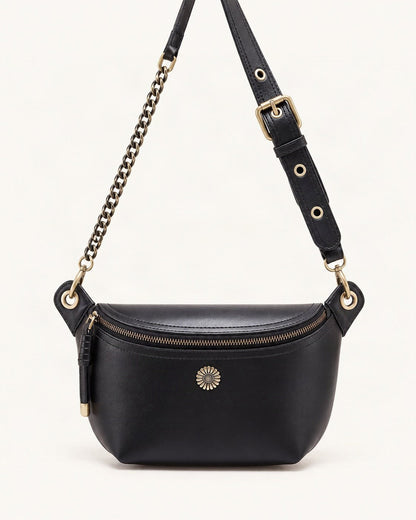 Split Leather Crossbody Belt Bag — straight-on front view on a warm white background