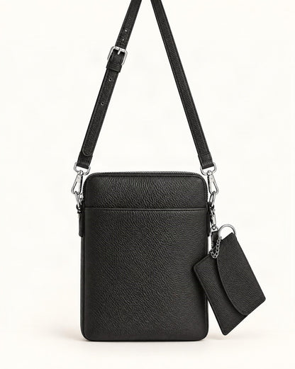 Top-Grain Cowhide Leather Mini Crossbody Phone Bag — straight-on front view on a warm white background