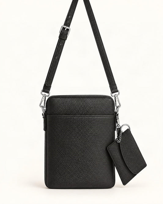 Top-Grain Cowhide Leather Mini Crossbody Phone Bag — straight-on front view on a warm white background