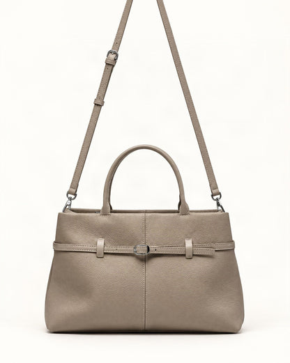 Cowhide Leather Small Tote Bag with Adjustable Strap — straight-on front view on a warm white background