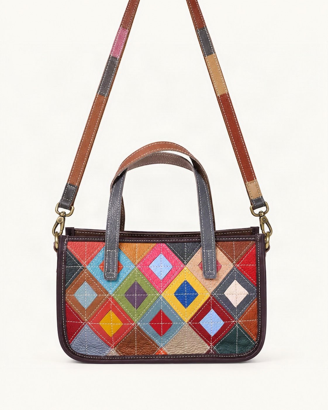 Top-Grain Cowhide Small Shoulder Bag – Multicolor — straight-on front view on a warm white background