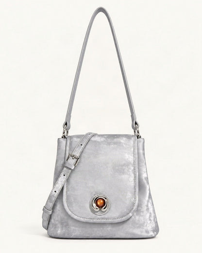 Split Leather Small Bucket Bag with Magnetic Flap — straight-on front view on a warm white background