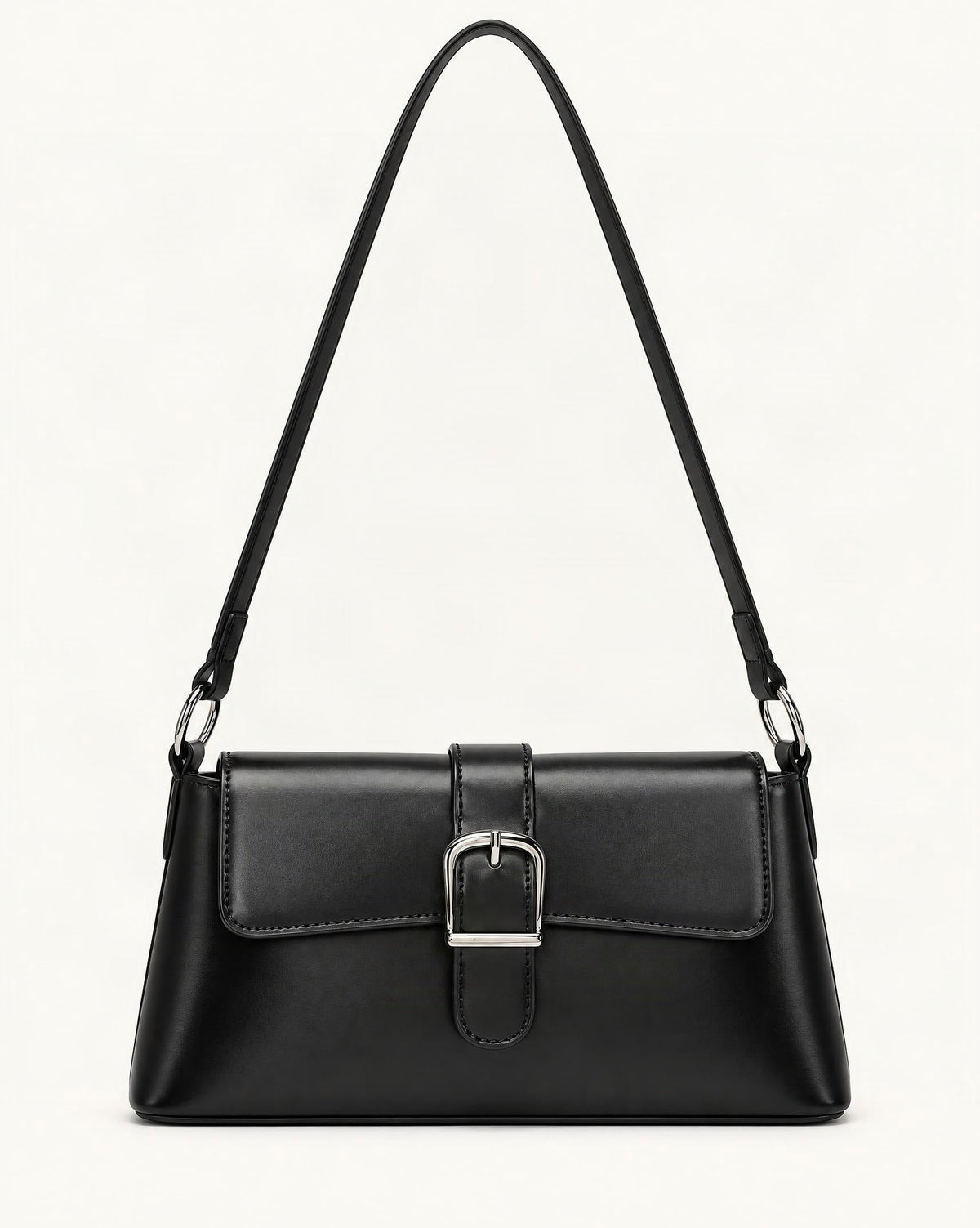 Genuine Leather Baguette Shoulder Bag with Metal Buckle — straight-on front view on a warm white background