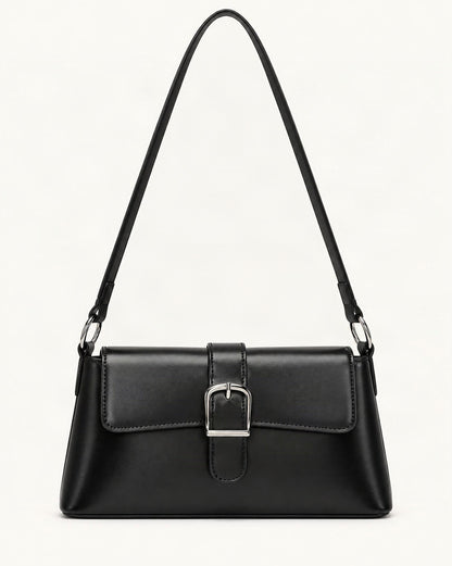 Genuine Leather Baguette Shoulder Bag with Metal Buckle — straight-on front view on a warm white background