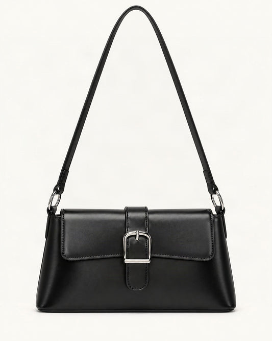 Cowhide Leather Baguette Shoulder Bag with Metal Buckle — straight-on front view on a warm white background