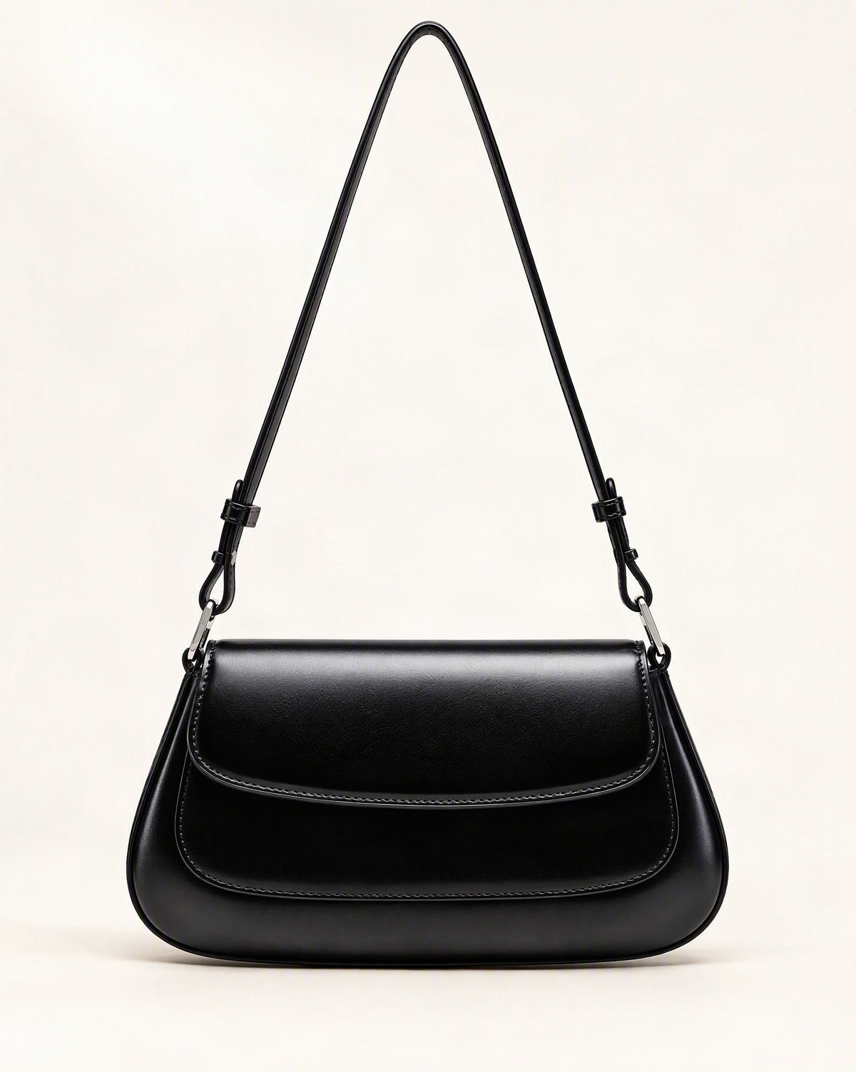 Genuine Cowhide Leather Baguette Shoulder Bag — straight-on front view on a warm white background
