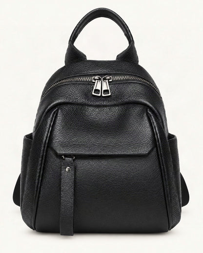 Top-Grain Cowhide Backpack with Multiple Pockets — straight-on front view on a warm white background