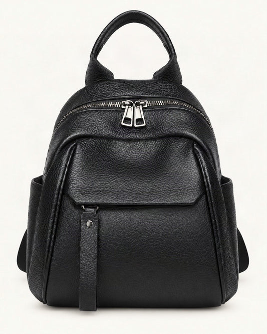 Top-Grain Cowhide Backpack with Multiple Pockets — straight-on front view on a warm white background