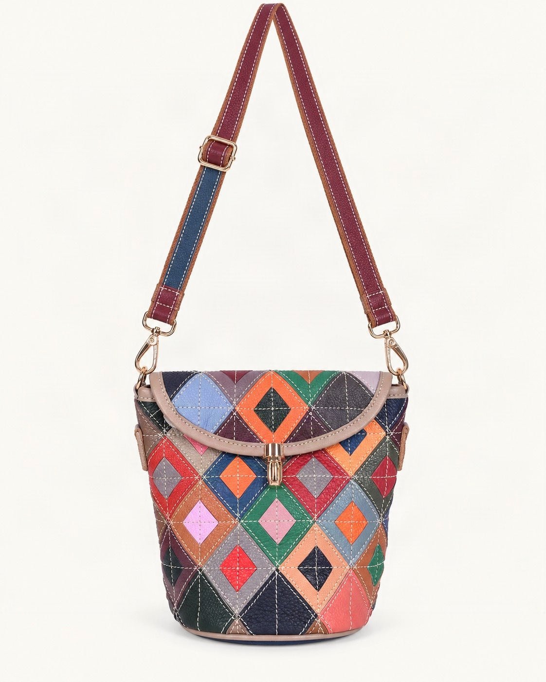 Top-Grain Cowhide Patchwork Bucket Crossbody Bag — straight-on front view on a warm white background