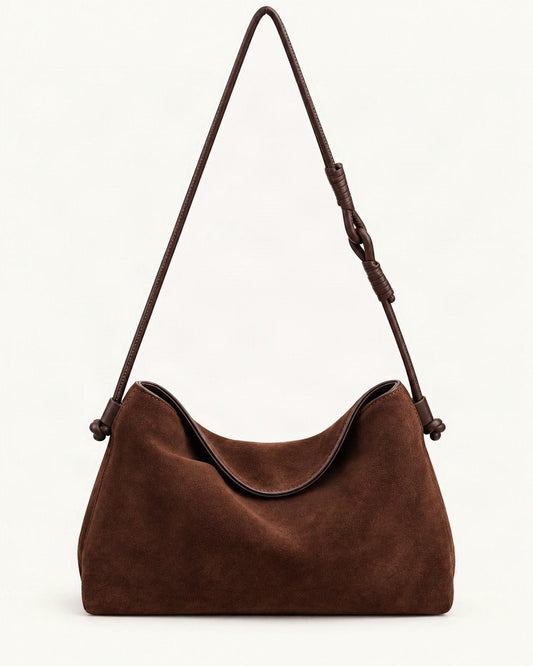 Suede Cowhide Shoulder Crossbody Bag — straight-on front view on a warm white background