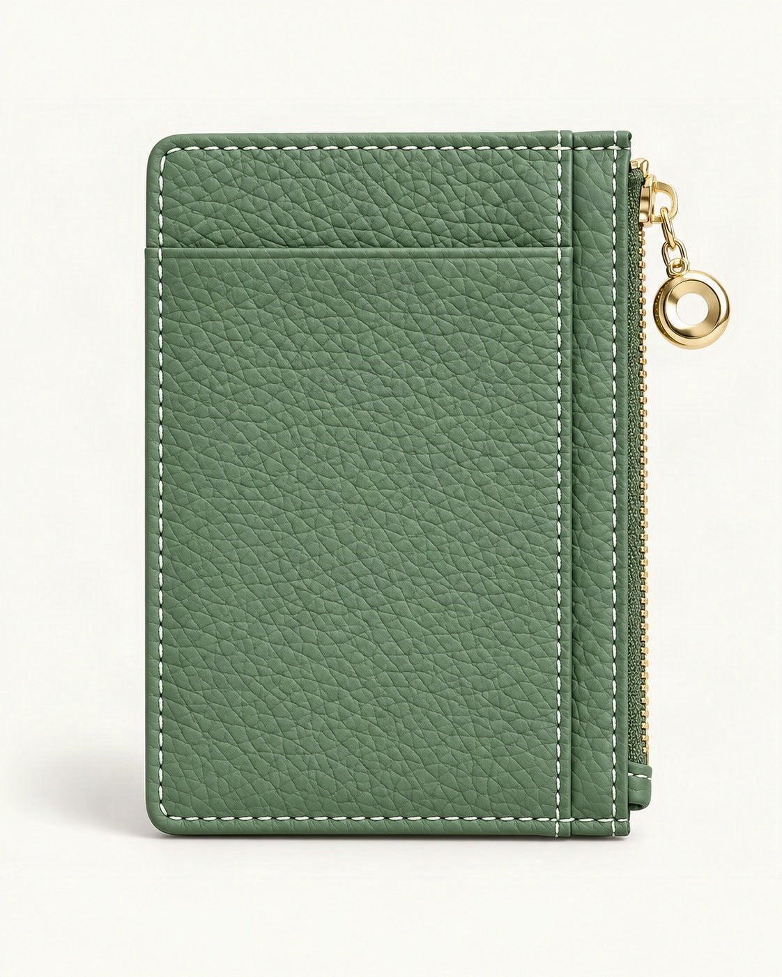 Top-Grain Cowhide Slim Card Holder with Zip Coin Pocket — straight-on front view on a warm white background