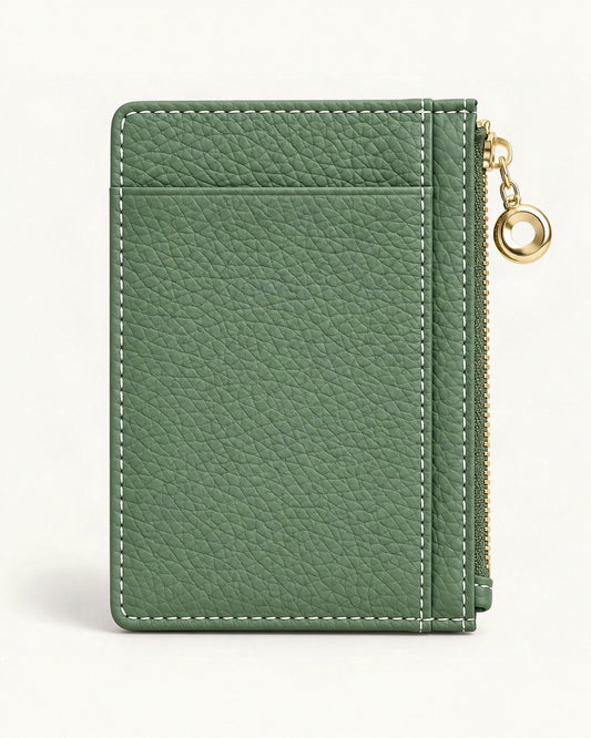Top-Grain Cowhide Slim Card Holder with Zip Coin Pocket — straight-on front view on a warm white background