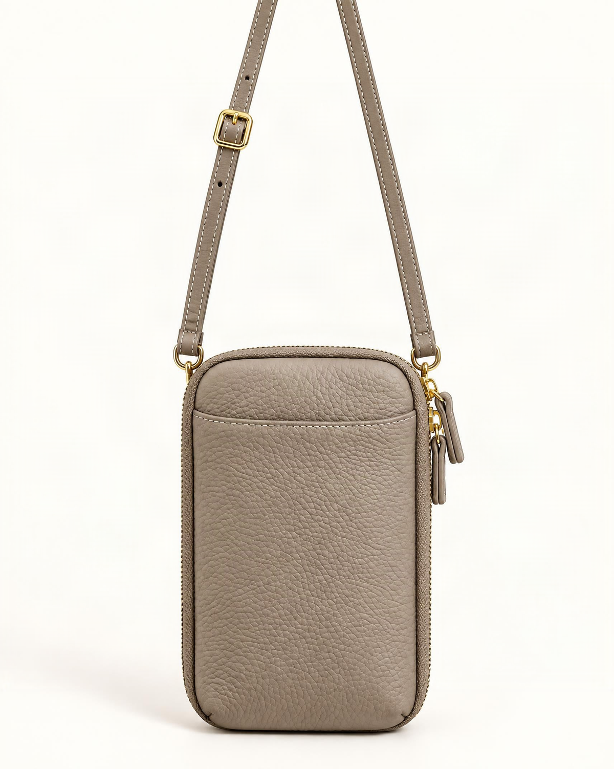 Cowhide Leather Micro Crossbody Phone Bag — straight-on front view on a warm white background