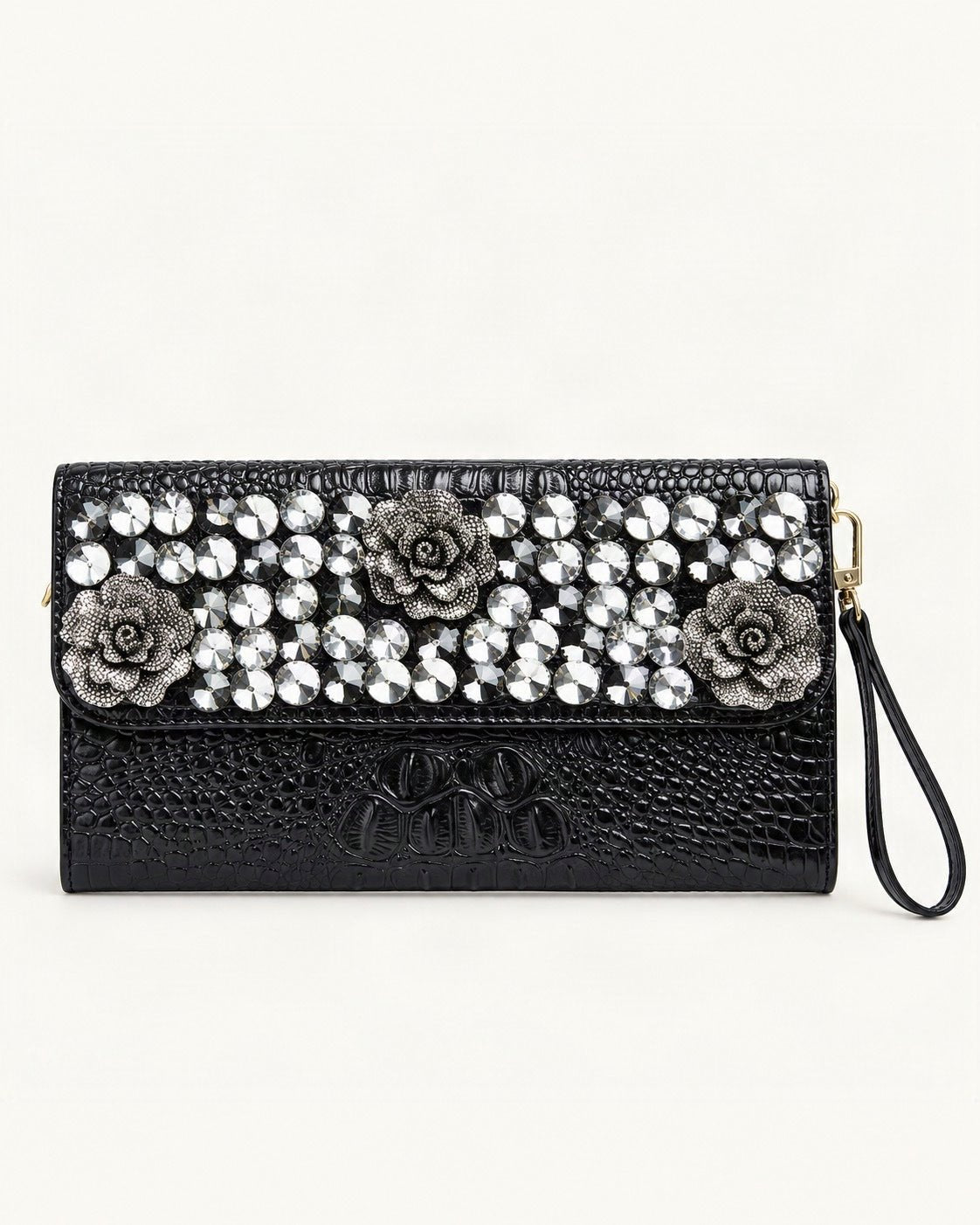 Split Leather Embellished Clutch — straight-on front view on a warm white background
