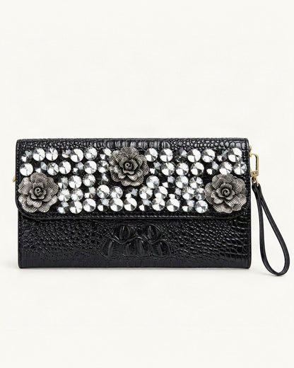 Split Leather Embellished Clutch — straight-on front view on a warm white background