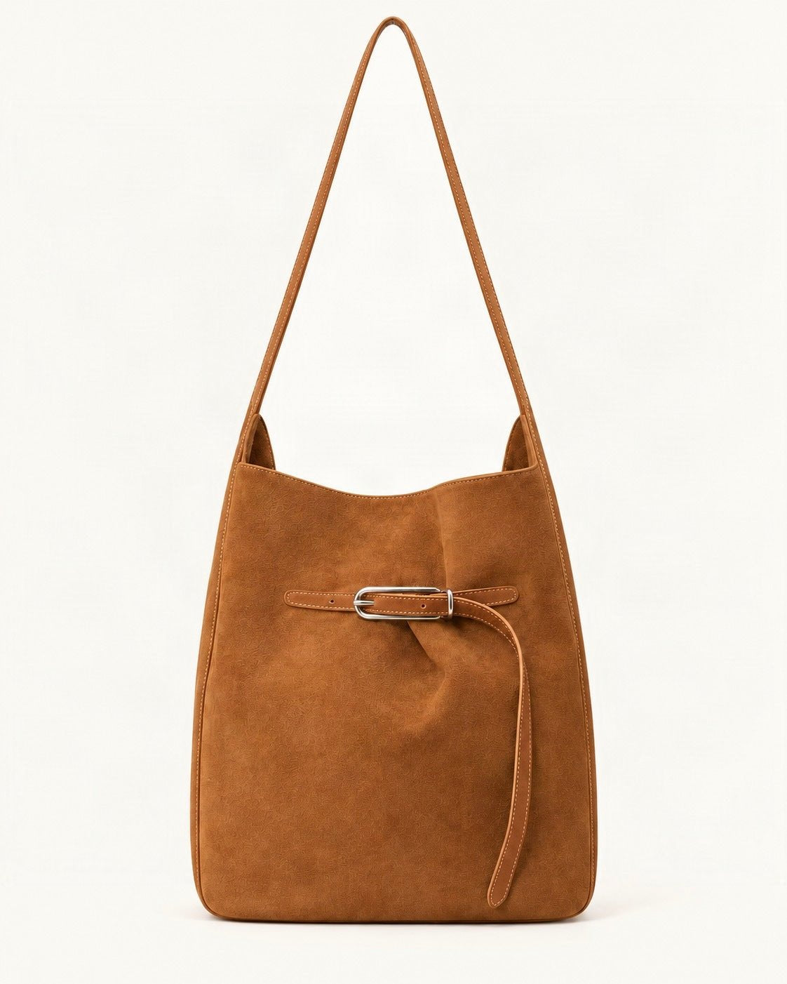 Suede Cowhide Shoulder Tote Bag — straight-on front view on a warm white background