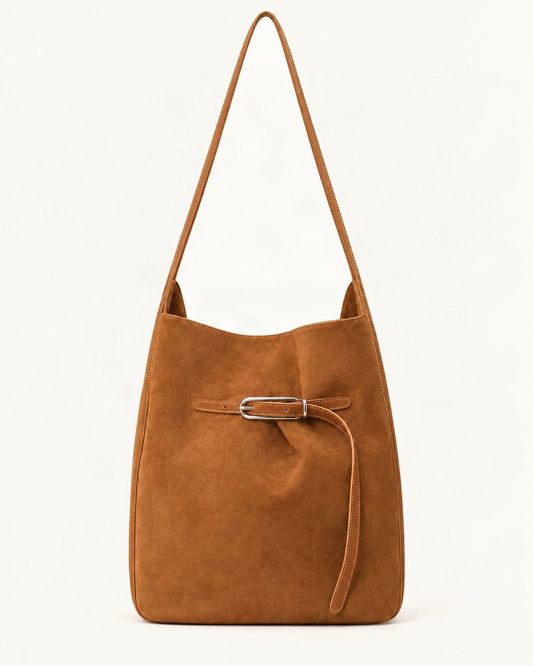 Suede Cowhide Shoulder Tote Bag — straight-on front view on a warm white background