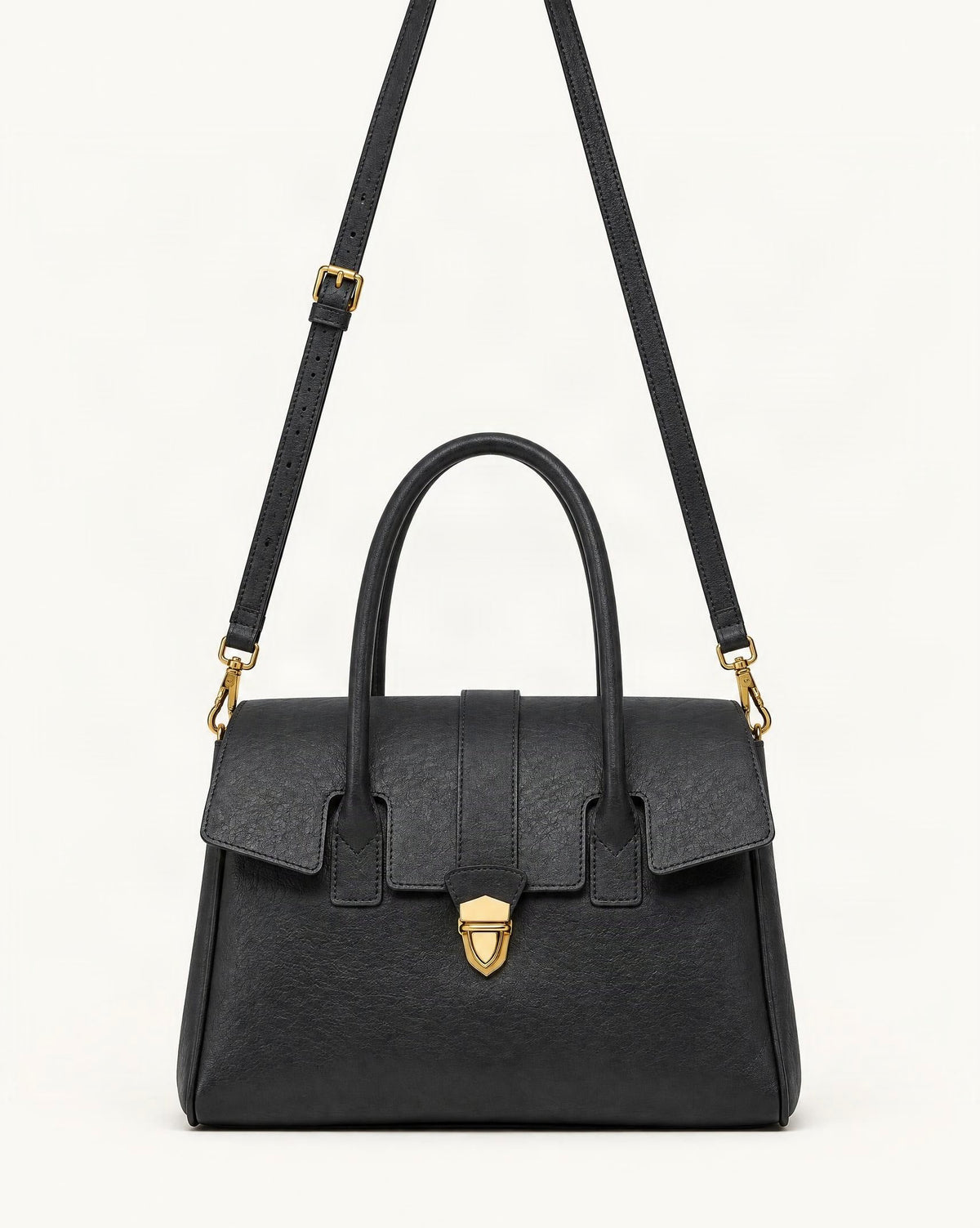 Top-Grain Cowhide Small Plus Satchel Bag — straight-on front view on a warm white background