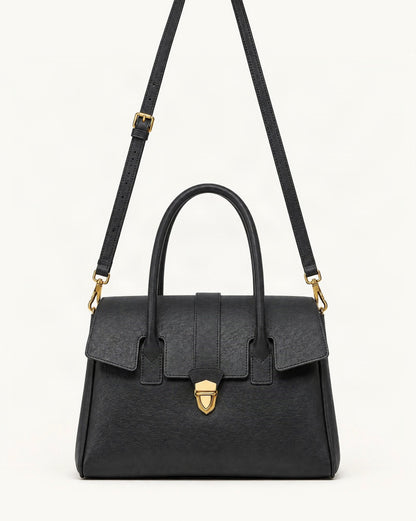 Top-Grain Cowhide Small Plus Satchel Bag — straight-on front view on a warm white background