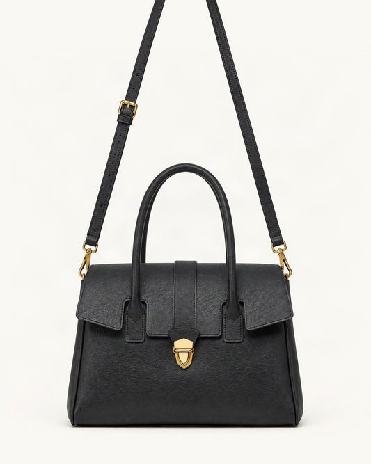 Top-Grain Cowhide Small Plus Satchel Bag — straight-on front view on a warm white background