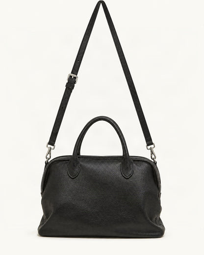 Cowhide Leather Small Bowling Tote Bag, Pebbled — straight-on front view on a warm white background