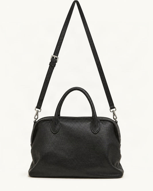 Cowhide Leather Small Bowling Tote Bag, Pebbled — straight-on front view on a warm white background