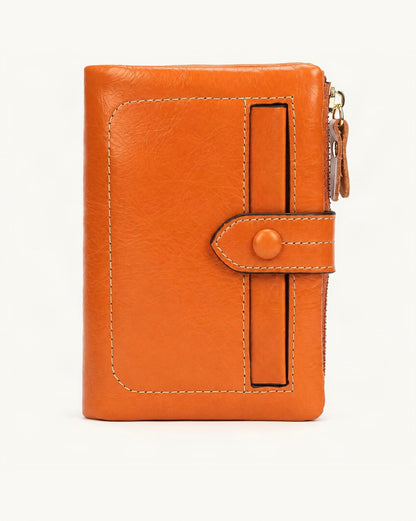Cowhide Leather Short Wallet 12 Card Slots Zip Coin — straight-on front view on a warm white background