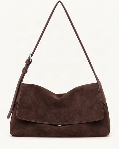 Suede Leather Small Plus Shoulder Bag – Color Options — straight-on front view on a warm white background