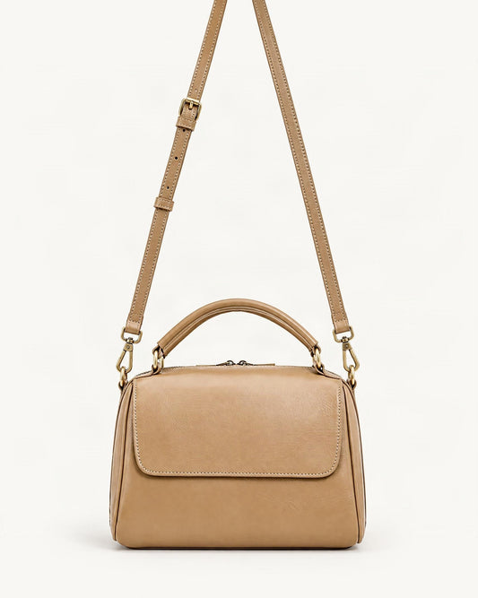 Cowhide Leather Boston Shoulder Bag — straight-on front view on a warm white background