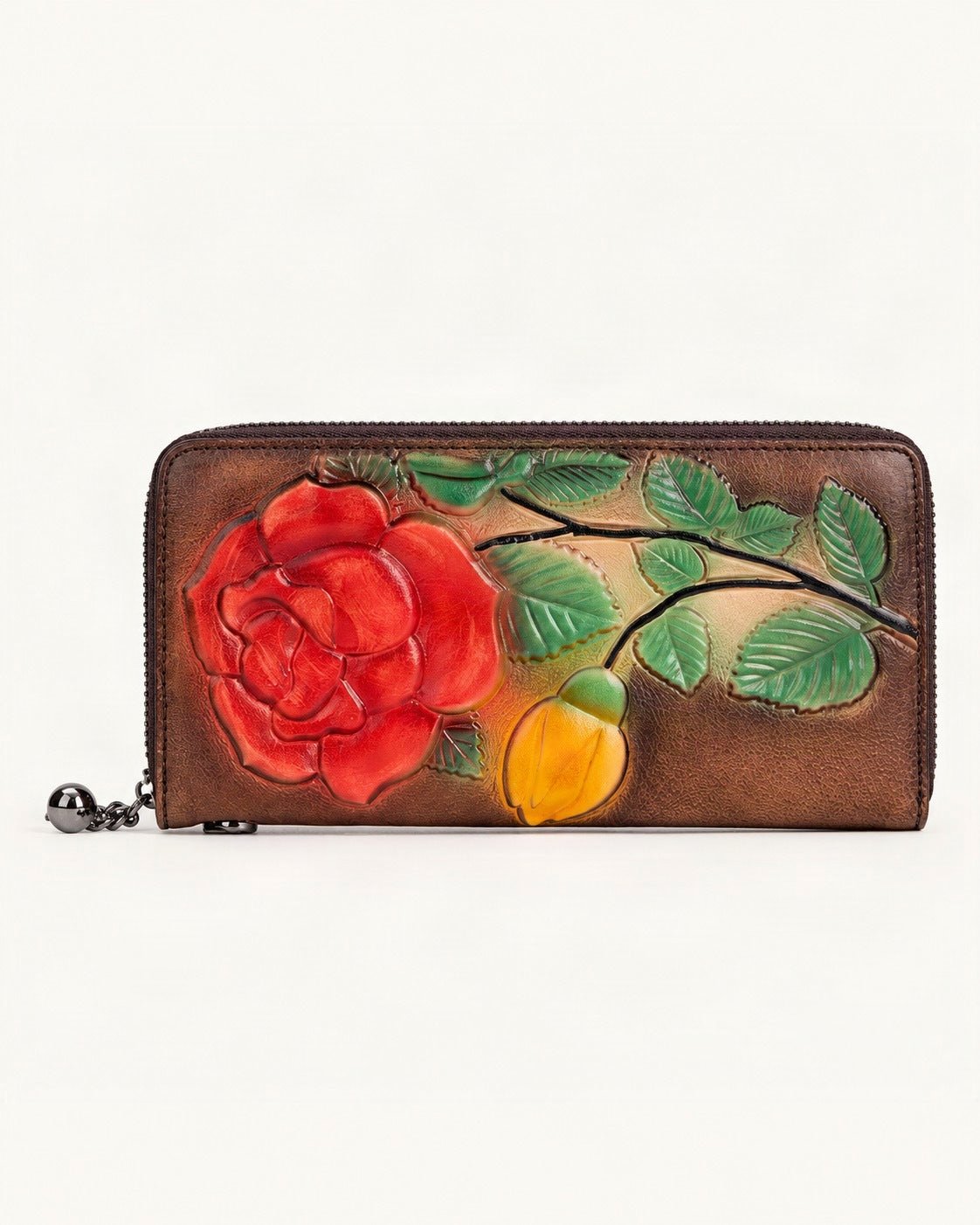 Top-Grain Cowhide Zip-Around Wallet — straight-on front view on a warm white background