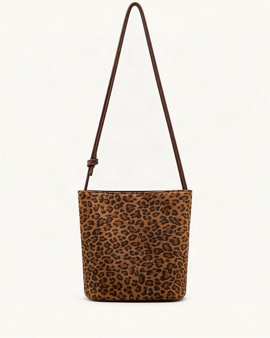 Nubuck Cowhide Bucket Crossbody Bag — straight-on front view on a warm white background