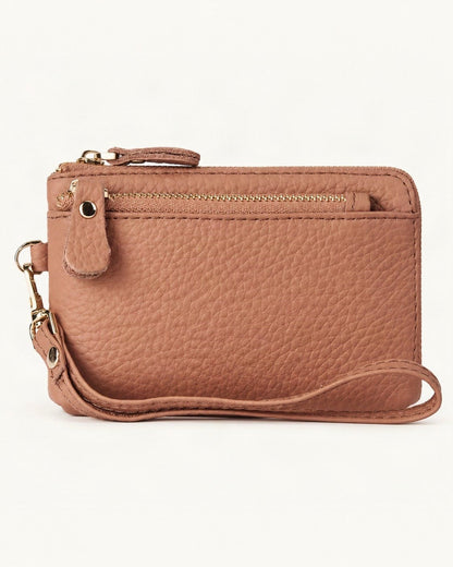 Genuine Leather Mini Clutch Wallet — straight-on front view on a warm white background