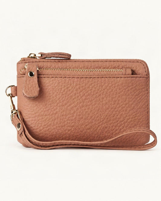 Genuine Leather Mini Clutch Wallet — straight-on front view on a warm white background