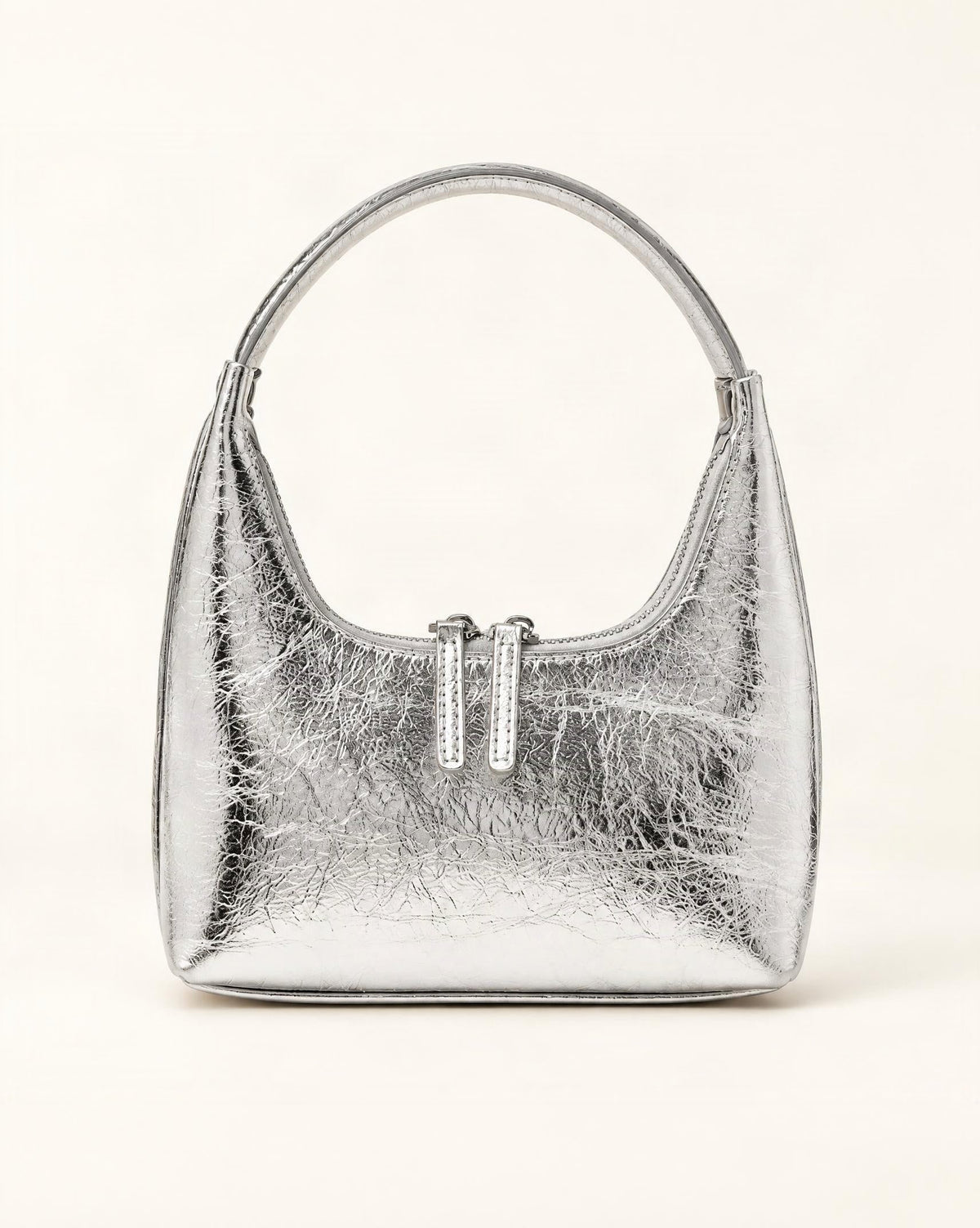 Cowhide Mini Top-Handle Hobo Bag with Double Zipper — straight-on front view on a warm white background