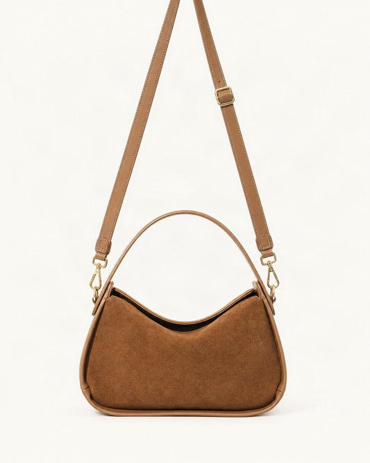 Suede Cowhide Small Plus Shoulder Bag — straight-on front view on a warm white background