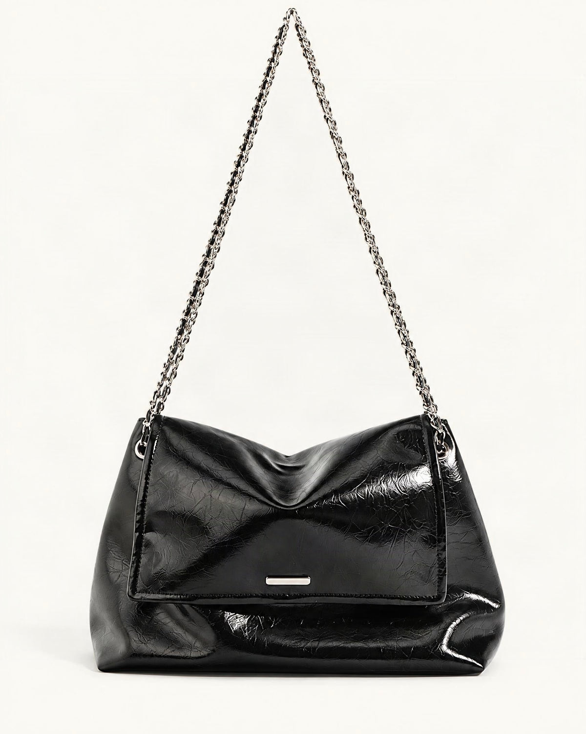 Cowhide Leather Soft Chain Shoulder Bag – Horizontal Tote — straight-on front view on a warm white background