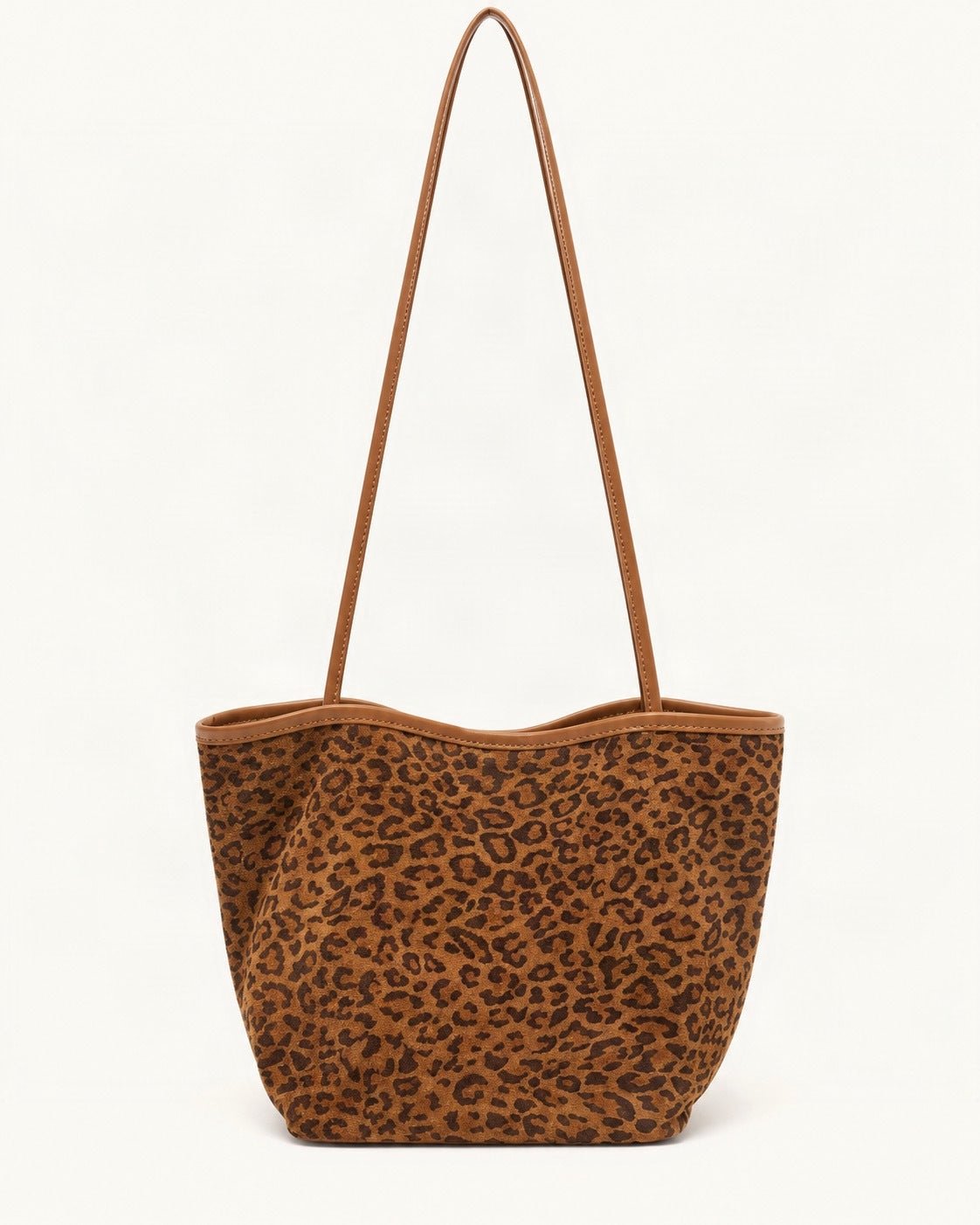 Suede Bucket Tote Bag — straight-on front view on a warm white background