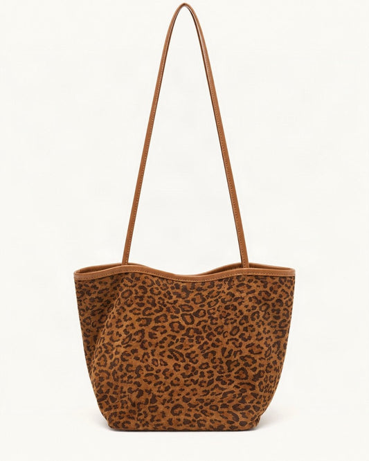 Suede Bucket Tote Bag — straight-on front view on a warm white background