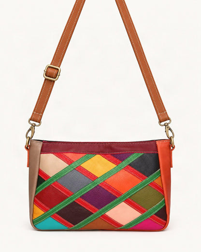 Top-Grain Cowhide Patchwork Crossbody Bag — straight-on front view on a warm white background