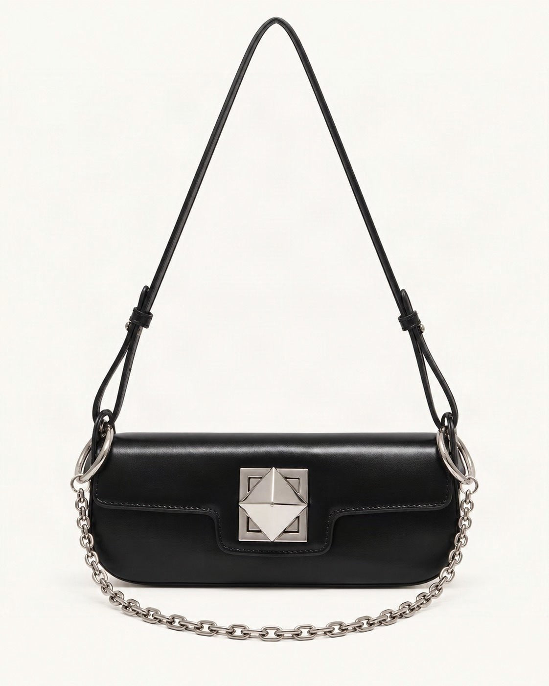Leather Baguette Shoulder Bag — straight-on front view on a warm white background