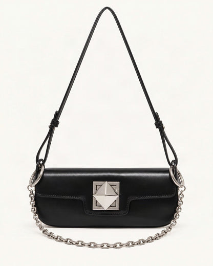 Leather Baguette Shoulder Bag — straight-on front view on a warm white background