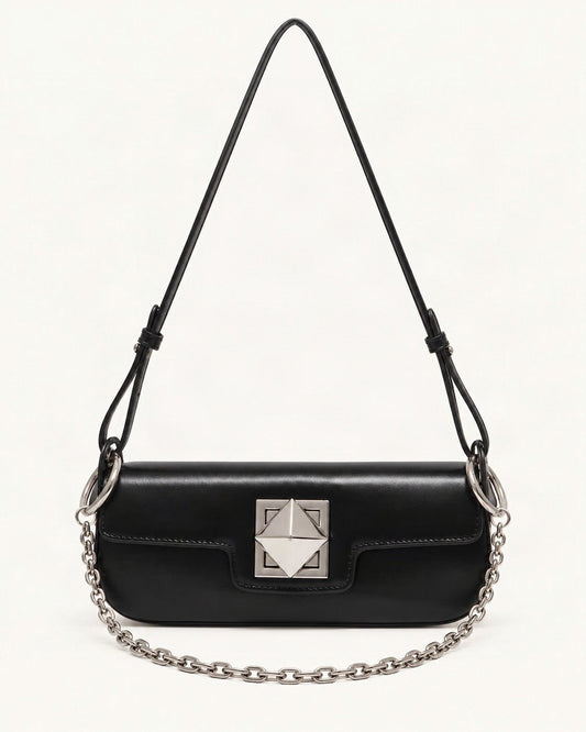Leather Baguette Shoulder Bag — straight-on front view on a warm white background