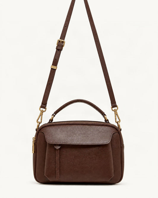 Top-Grain Cowhide Boston Crossbody Bag — straight-on front view on a warm white background