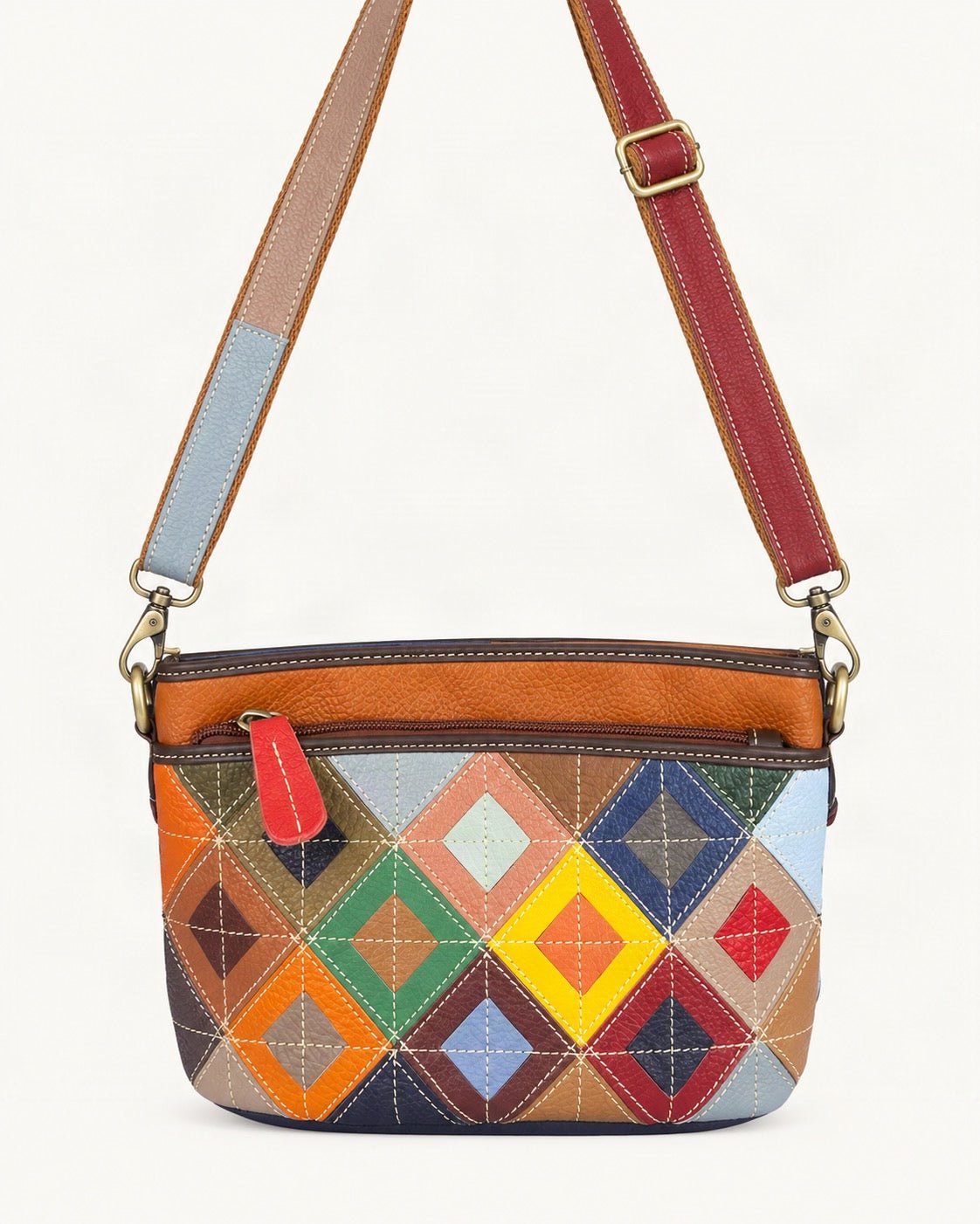 Top-Grain Cowhide Small Crossbody Bag — straight-on front view on a warm white background