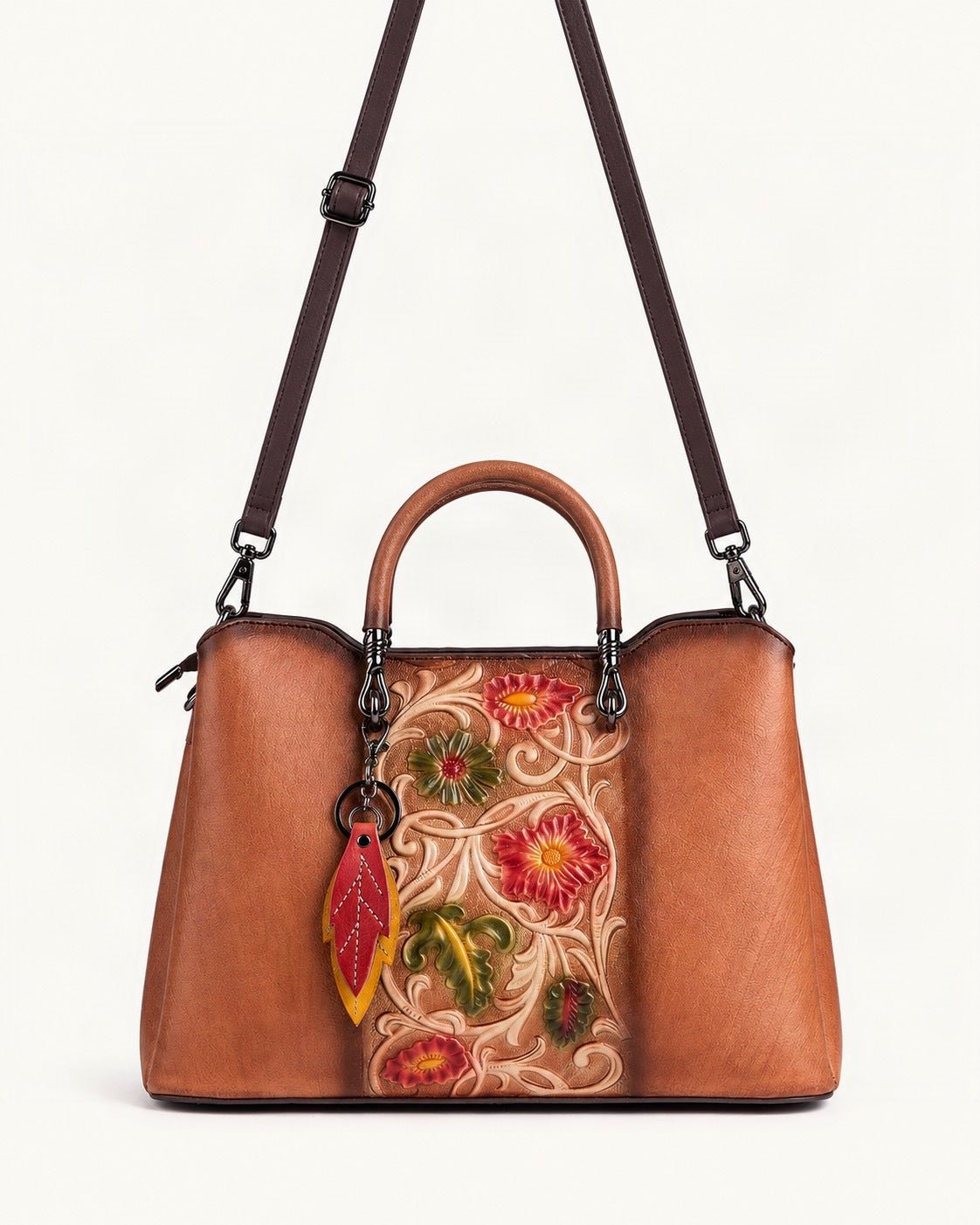 Top-Grain Cowhide Floral Crossbody Bag — straight-on front view on a warm white background