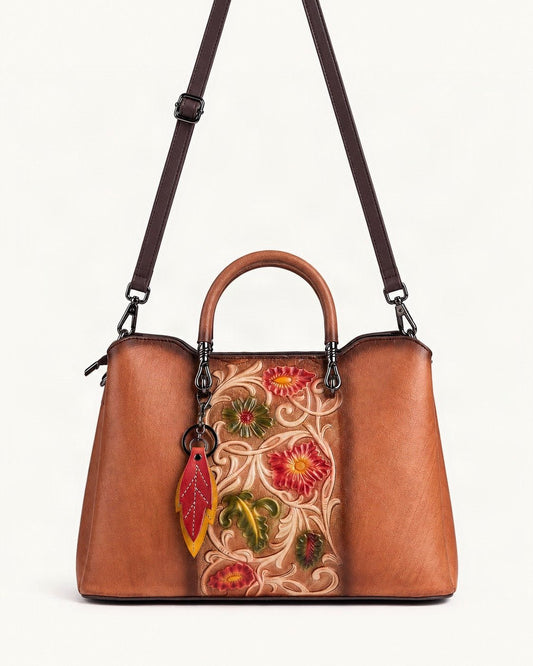 Top-Grain Cowhide Floral Crossbody Bag — straight-on front view on a warm white background